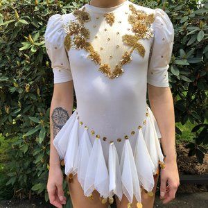 Vintage Handmade White and Gold Leotard, Ice Skating Leotard, Custom, Size M